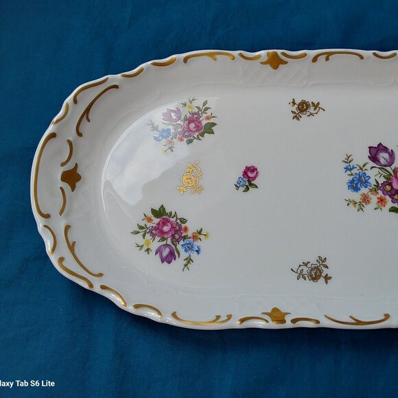 Pretty vintage dresser tray long serving dish Reichenbach flowers gold trim - Picture 2 of 8